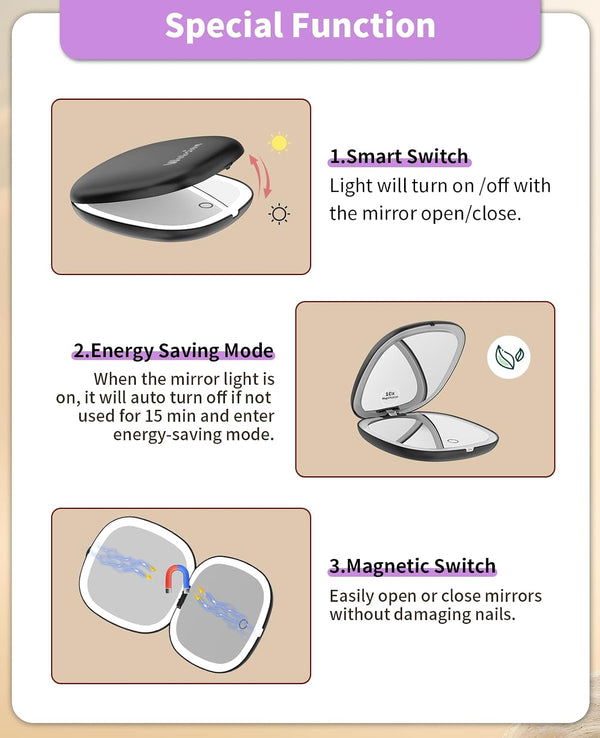 Wobsion Lighted Makeup Mirror with Magnification,Rechargeable 1X/10X Travel Mirror,Portable Comapct Folding Mirror for Bag,Gift,Black