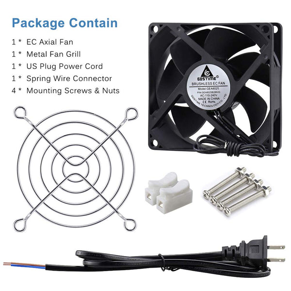 GDSTIME EC AXIAL 8025, Muffin Fan 110V 115V 120V 220V 240V AC 80Mm X 25Mm Small Brushless Cooling Fan with Switch Power Cord for DIY Ventilation