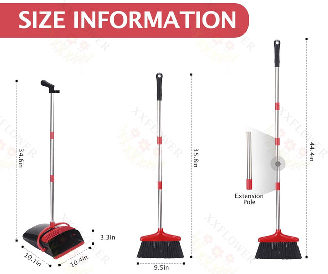 Broom and Dustpan Set with Long Handle, Light Weight Stainless Steel Poles Stand