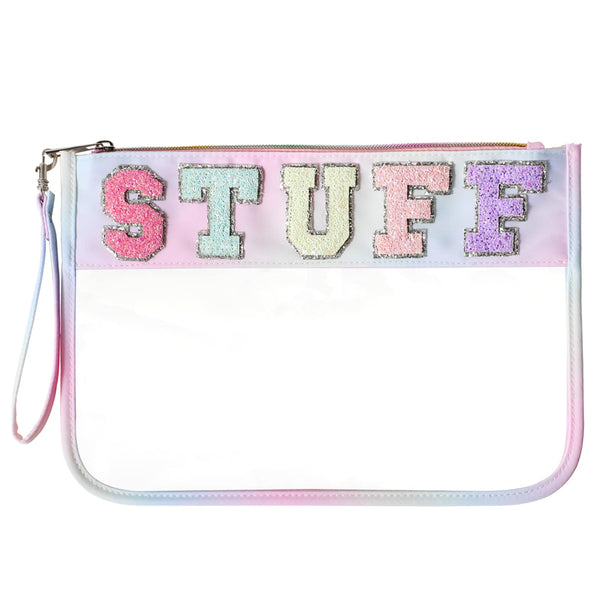 DYSHAYEN Chenille Letter Clear Zipper Pouch for Travel,Nylon Clear Cosmetic Bag,Makeup Travel Bag for Women Girls 11.8 Inches x 8.2 Inches