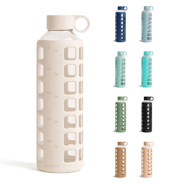 Purifyou 40/32/22/12 Oz Borosilicate Glass Water Bottles with Volume Markers, Silicone Sleeve, Stainless Steel Lid, Reusable Bottle for Water,