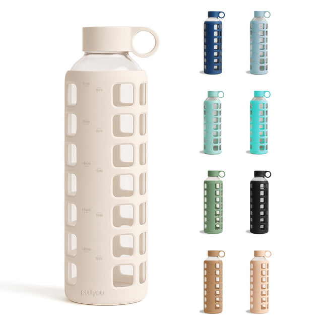 Purifyou 40/32/22/12 Oz Borosilicate Glass Water Bottles with Volume Markers, Si