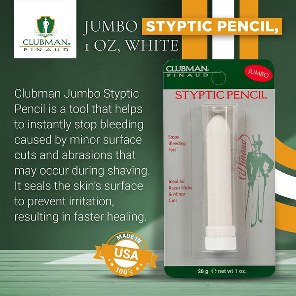 Clubman Jumbo Styptic Pencil, Treat and Seal Shaving Cuts Instantly, Anti-Hemorrhaging Stick, First Aid Device, White, 1 Oz