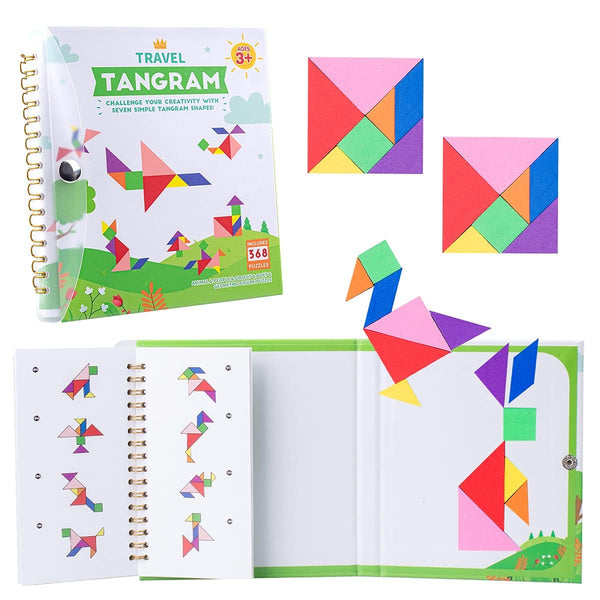 Vanmor Travel Tangram Puzzle with 2 Sets Magnetic Plate-Montessori Shape Pattern Blocks Jigsaw Road Trip Games with 368 Solution - IQ Book