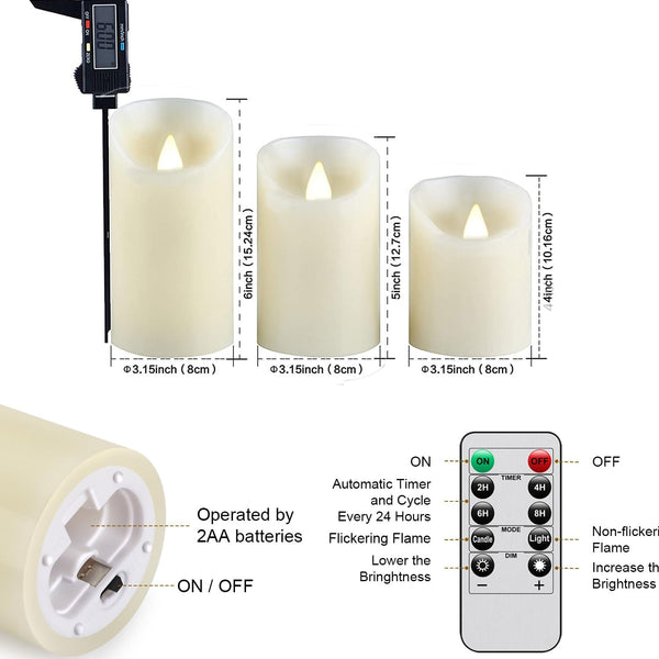 Flameless Battery Operated LED Candles With10Key Button Remote Control 24-Hour Timer Set of 3 Electric Flickering Pillar Real WaxÃ¯Â¼ÂWedding, Party,
