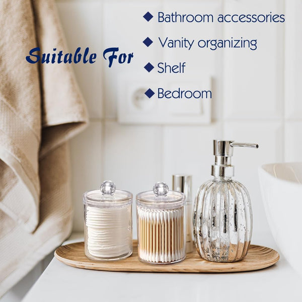 Qtip Holder Dispenser for Cotton Ball, Swab, round Pads - 10 Oz Clear Plastic Apothecary Jar Set for Bathroom Storage, Vanity Organizer