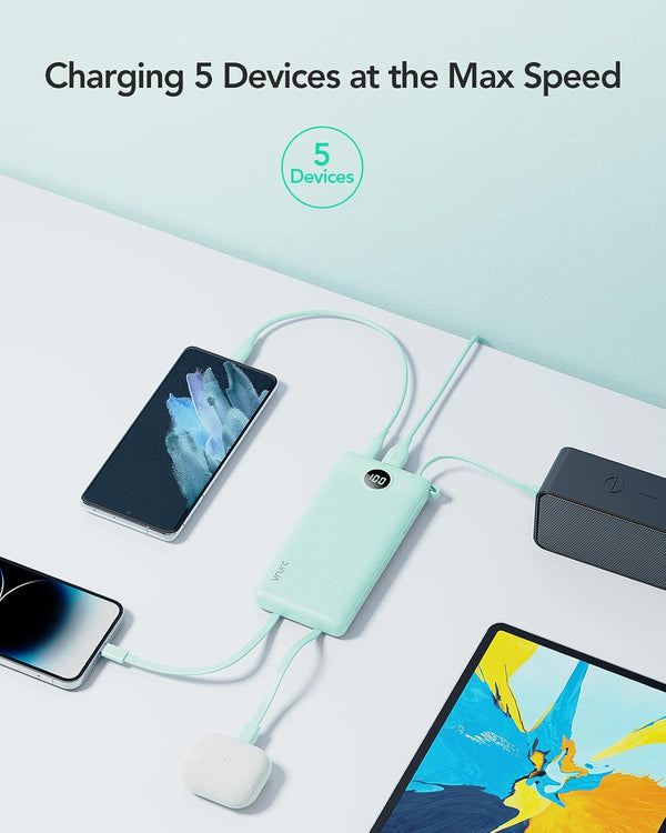VRURC Portable Charger, Slim Power Bank Built-in 4 Cables, Travel Essential Green