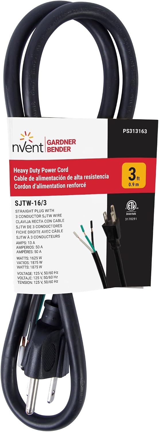 nVent Gardner Bender PS313163 3-Wire Appliance and Power Tool Cord, 3 ft, 16 AWG, 13A/125V AC, 1625W, Heavy Duty Replacement Power Cable, Grounded