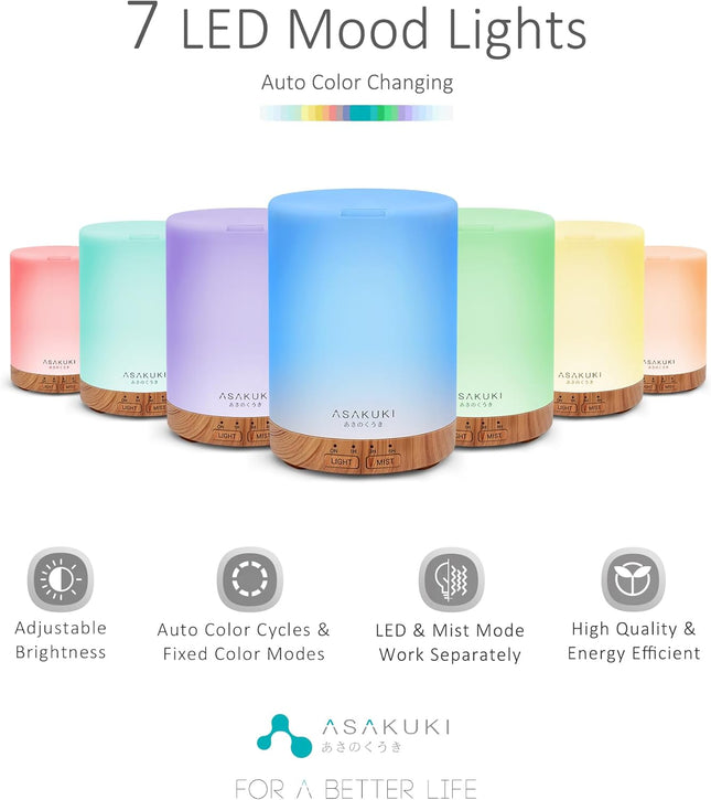 ASAKUKI 300ML Essential Oil Diffuser, Quiet 5-In-1 Premium Humidifier, Home Frag