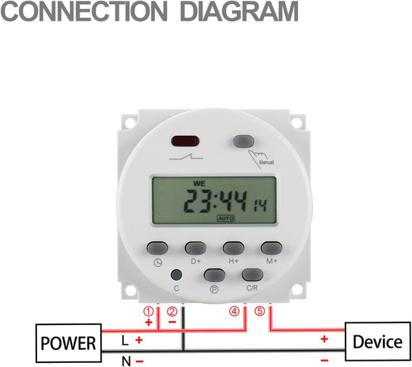 Baomain Time Switch Relay,Digital LCD Programmable Timer,110V AC Input,200-250V 16A Output,28 Programs Daily/Weekly Schedule,CN101A for Lighting