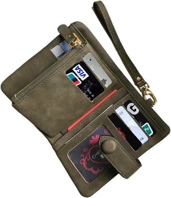AOXONEL Women's Small Bifold Leather wallet Rfid blocking Ladies Wristlet with Card holder id window Coin Purse Small Army Green