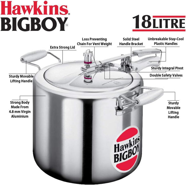 Hawkins 18 Litre Bigboy Pressure Cooker, Big Inner Lid Cooker, Silver (BB18), Aluminium 19 Quarts