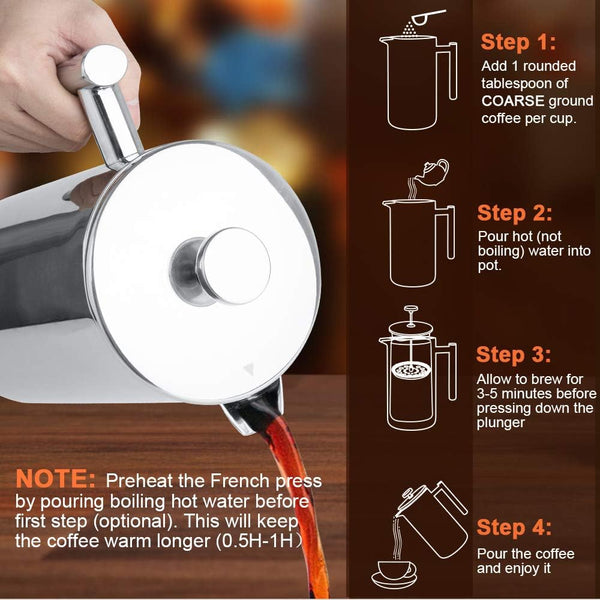 Secura French Press Coffee Maker, 304 Grade Stainless Steel Insulated Coffee Press with 2 Extra Screens, 50oz (1.5 Litre), Silver Silver 50 oz