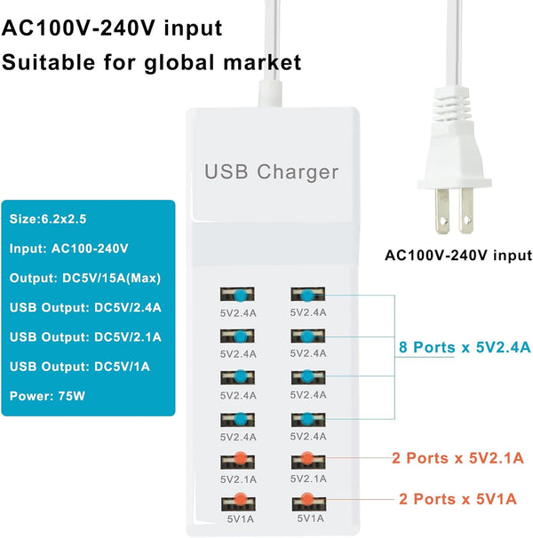 USB Charging Station with 12 Port Power Strip Fast Charging Hub for Multiple Devices Compatible with Cell Phones Tablets Laptops (12 USB Ports)