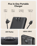 VRURC Portable Charger Built-In Cables and AC Wall Plug, USB C Power Bank 10000Mah, Travel Essentials Phone Charger Compact Lightweight External