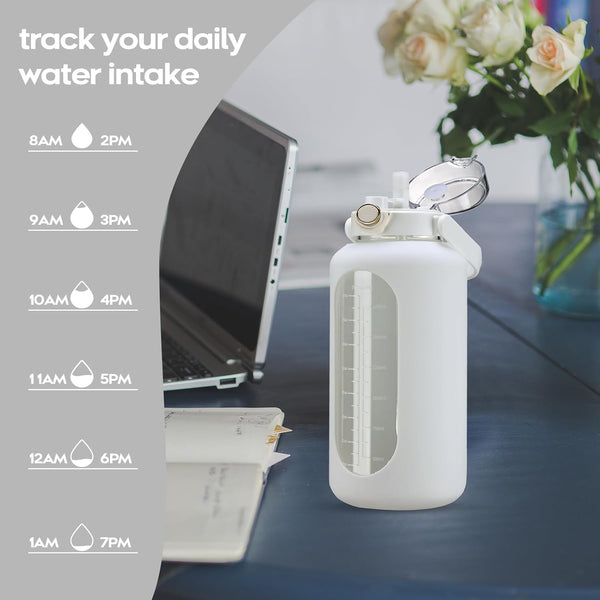 74 Oz Glass Water Bolttles with Straw Large Motivational Water Bottle with Time Marker Sports Water Bottles with Silicone Sleeve and Handle Lid
