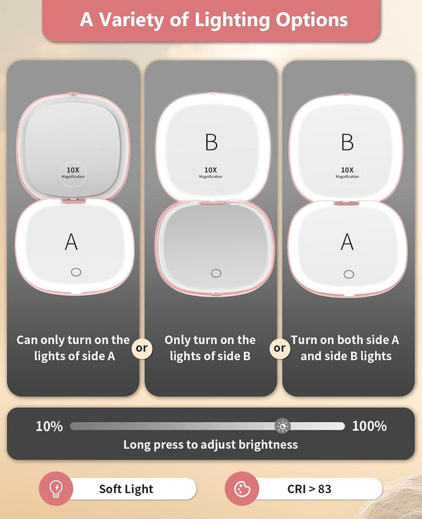 Wobsion Travel Mirror with Light, Rechargeable 1X/10X Compact Magnifying Mirror, Dimmable Pocket Mirror,Handheld 2-Side Mirror with Light,4Inch