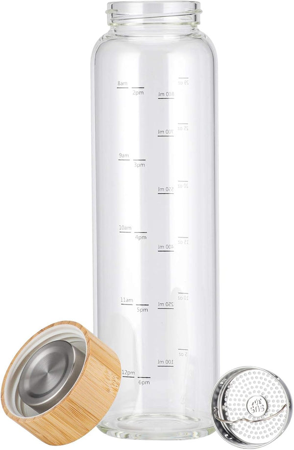 Sunkey Glass Water Bottle 32 Oz Wide Mouth with Sleeve Bamboo Lid Motivational Water Bottle with Time Marker Reusable Safe for Hot Cold Drinks Bpa