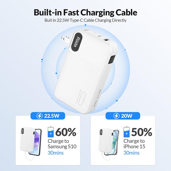Portable Charger 10000Mah with Built in Cables and AC Wall Plug, 22.5W Fast Charging Power Bank with LED Display, 4 Outputs 3A Travel Battery Pack