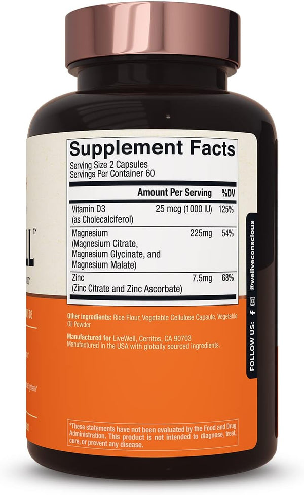 Live Conscious Magwell Magnesium Zinc & Vitamin D3 - Magnesium Glycinate, Malate, & Citrate - Triple Supplement for Women & Men - for Sleep, Bone,