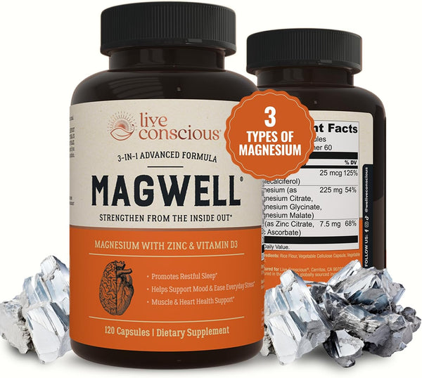 Live Conscious Magwell Magnesium Zinc & Vitamin D3 - Magnesium Glycinate, Malate, & Citrate - Triple Supplement for Women & Men - for Sleep, Bone,