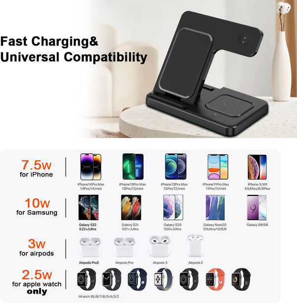 Iphone Wireless Charger Fast Charging 3 in 1, Wireless Charging Station for Iphone/Iwatch/Airpods, Portable Cell Phone Charging Stand for Multiple