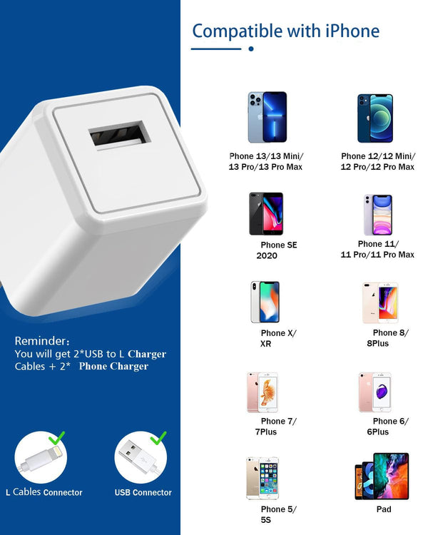 iPhone Charger,Long 6FT iPhone Charger 2Pack i Phone Cord 6feet USB to Lightning Cable Quick Fast Charging Data Sync Cord USB Wall Charge Block