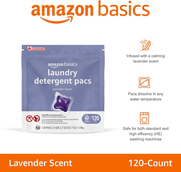 Amazon Basics Laundry Detergent Pacs, Lavender Scent, HE Compatible, 120 Count Lavender 120 Count (Pack of 1)