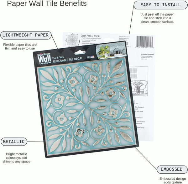 Main Street Peel and Stick Wallpaper Tiles, Teal & Silver Leaves, 24-Pack | 8"x8" tiles, covers 10.67 sq ft. Peel-and-stick paper, no extra