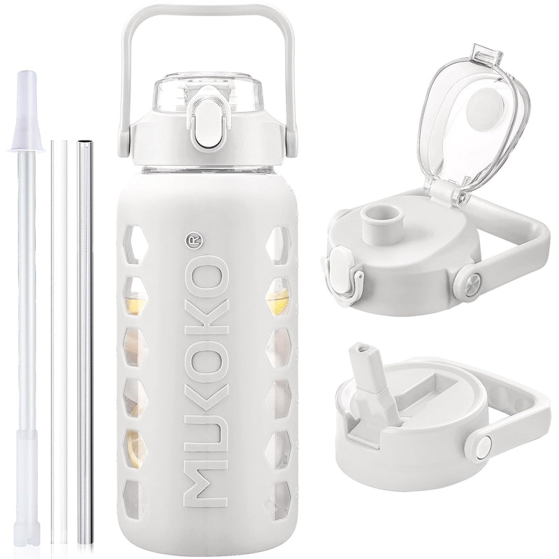 MUKOKO Glass Water Bottles 64Oz with 2 Lids, Half Gallon Drinking Bottle with Straws and Measurements, 2L Sports Drink Jug with Silicone Sleeve,