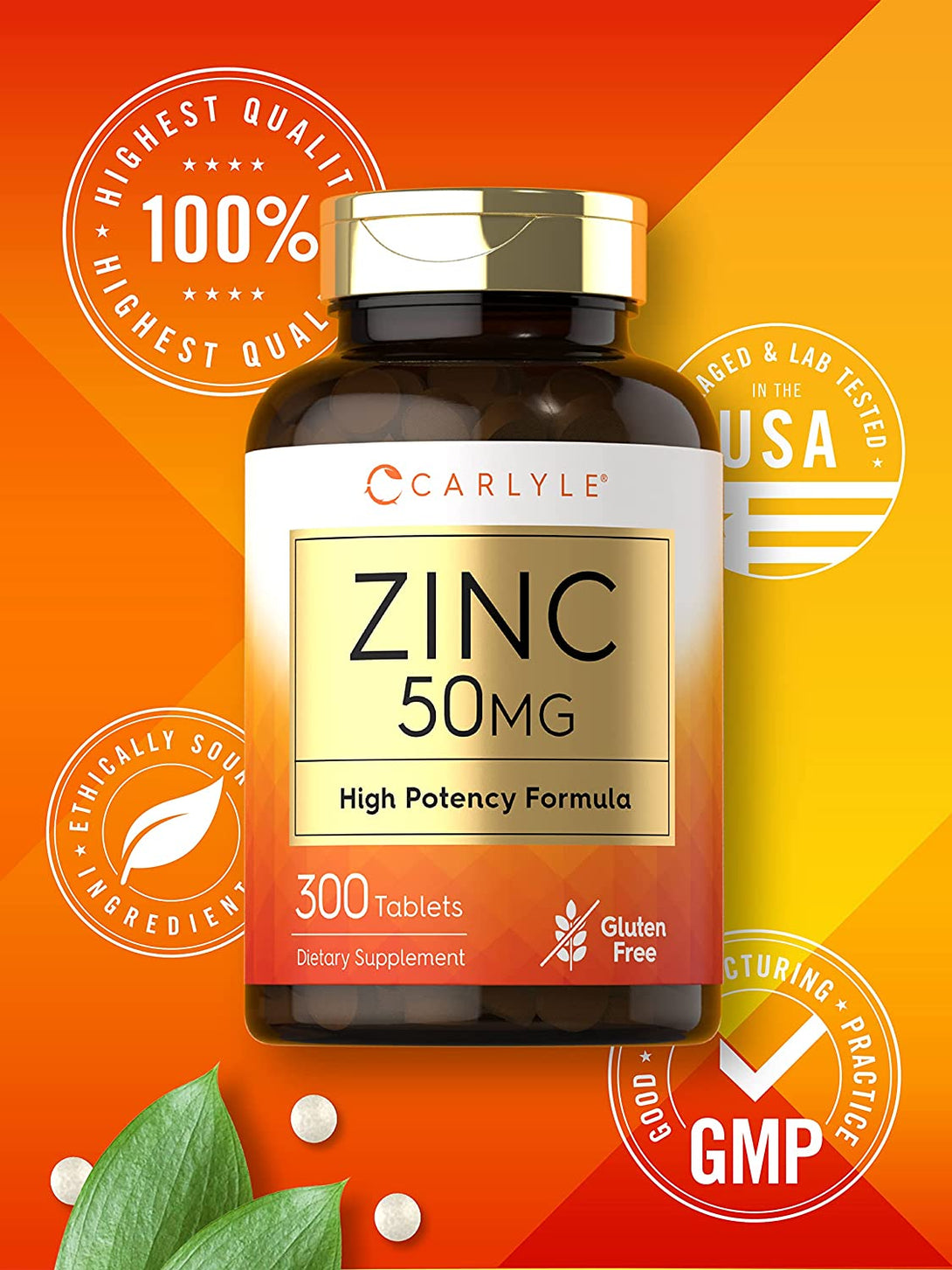 Carlyle Zinc 50Mg | 300 Tablets | Vegetarian, Non-Gmo, and Gluten Free Supplement | Zinc Gluconate | High Potency Formula