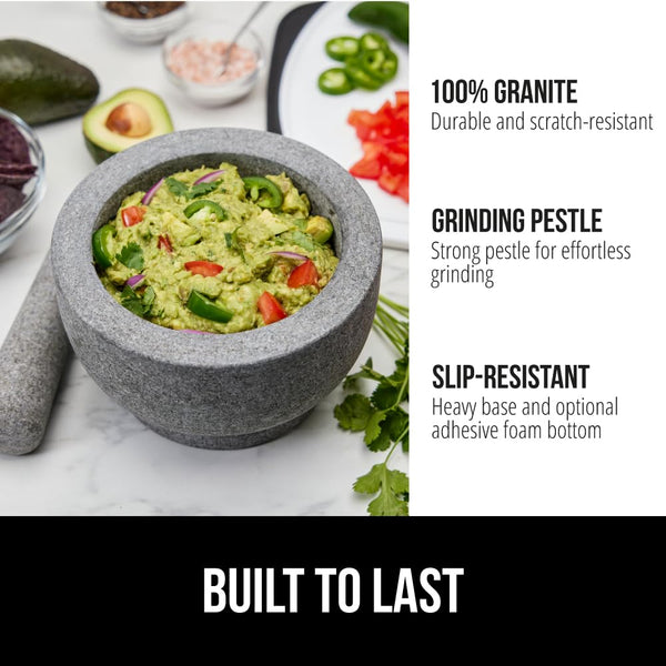 GORILLA GRIP 100% Natural Granite Stone Mortar and Pestle Set, 2 Cup, Non-Scratch Base, Heavy Duty Unpolished Molcajete Guacamole Salsa Bowl,