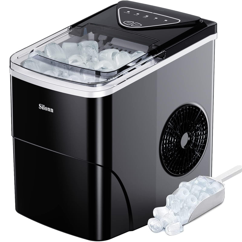 Silonn Ice Maker Countertop, 9 Cubes Ready in 6 Mins, 26lbs in 24Hrs, Self-Cleaning Ice Machine with Ice Scoop and Basket, 2 Sizes of Bullet Ice