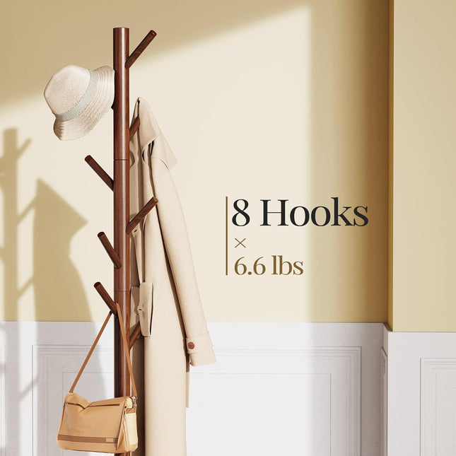 Pipishell Sturdy Wooden Coat Tree with 8 Hooks, 3 Adjustable Sizes for Clothes, 