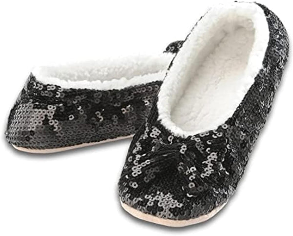 Snoozies Ballerina Bling Metallic Shine Slippers | Sequin House Shoes for Women | Slipper Socks with Grippers | Cute Indoor Footwear Medium Black