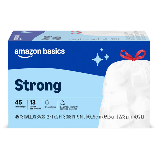 Amazon Basics Trash Bags, Tall Kitchen Drawstring, Unscented, 13 Gallon, 45 Count, Pack of 1, Packaging May Vary Unscented 45 Count (Pack of 1)