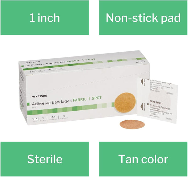 McKesson Adhesive Bandages, Sterile, Fabric, Tan, 1 in, 100 ct | Fabric Spot