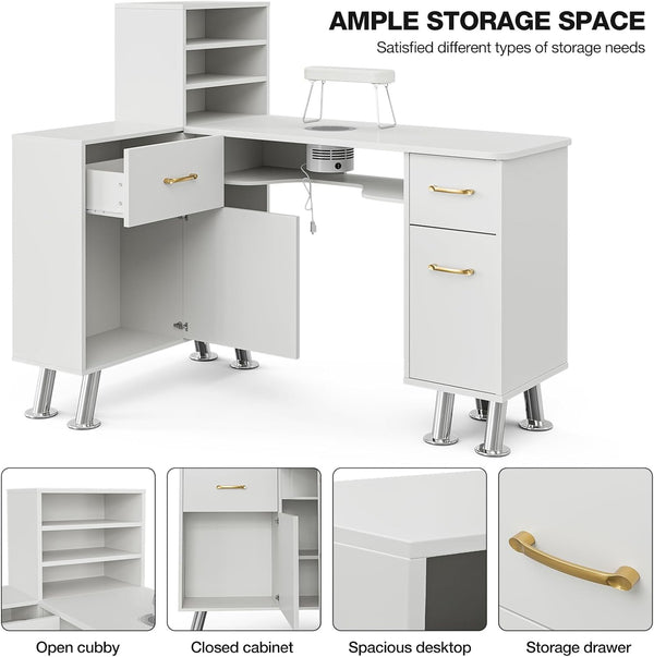 Paddie L-Shaped Manicure Table Nail Station with Shelves, Nail Tech Table Nail Table Station W/Dust Collector, Storage Cabinets, Drawers, Metal