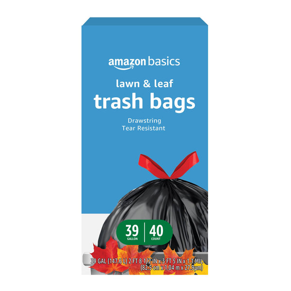 Amazon Basics Lawn & Leaf Drawstring Trash Bags, 39 Gallon, 40 Count, Black, Unscented 40 Count (Pack of 1)