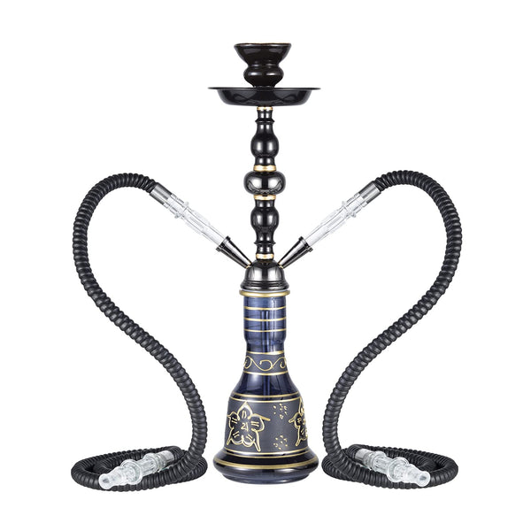 20" Hookah set - 2 Hose Premium Shisha Hookah Kit with Glass Vase, Ceramic Bowl and Coal Tongs Ashtray for Better Shisha Narguile Smoking (Black)