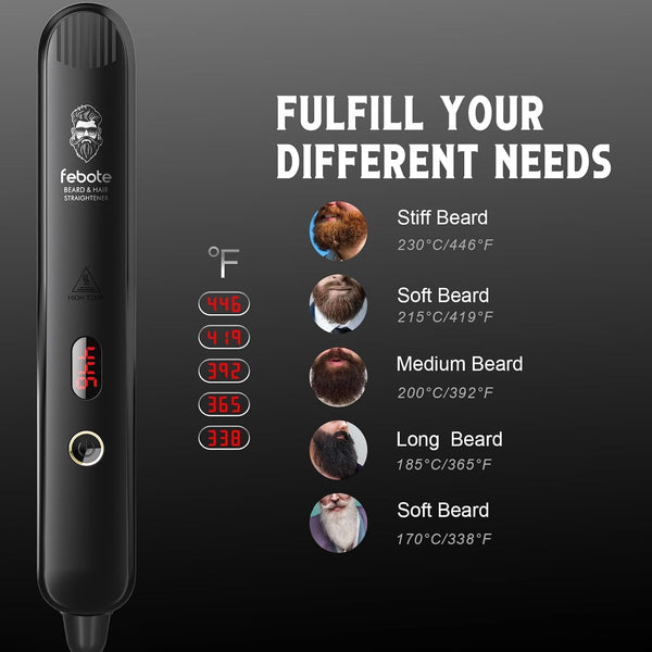 Heated Ionic Hair Straightening Brush for Men - 5 Temperature Settings, Anti-Scald, Beard Shaper & Travel Bag Black