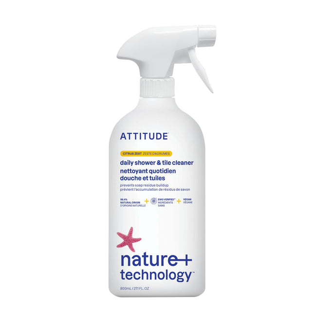 ATTITUDE Shower & Tile Cleaner Spray, EWG Verified, Bathroom Cleaner Removes Soap Scum & Grime, Plant-Based & Vegan, Cit