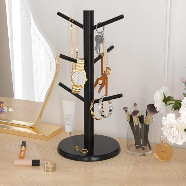 Bamboo Coffee Mug Tree Holder with 6 Hooks, Cup Stand for Countertop, Black