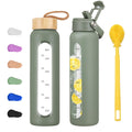 32 Oz Glass Water Bottle with 2 Lids-Handle Straw Lid & Bamboo Lid,1 Liter Motivataional Tumbler Water Bottle Time Marker, Borosilicate Glass