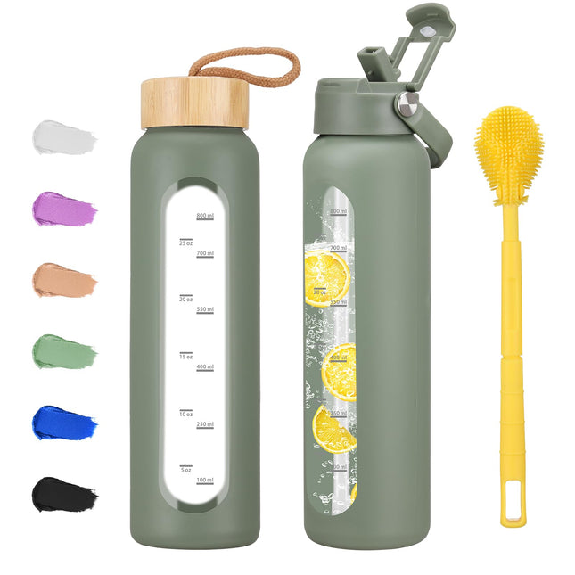 32 Oz Glass Water Bottle with 2 Lids-Handle Straw Lid & Bamboo Lid,1 Liter Motivataional Tumbler Water Bottle Time Marke