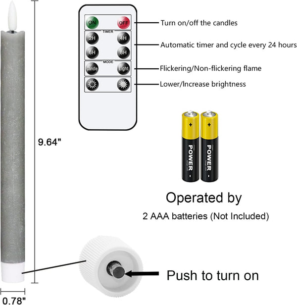 GenSwin Flameless Grey Taper Candles Flickering with 10-Key Remote, Battery Operated Led Warm 3D Wick Light Window Candles Real Wax Pack of 6,
