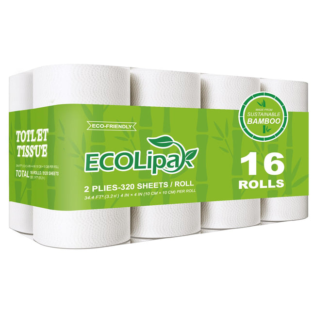 ECOLipak Bamboo Toilet Paper, Septic Safe Toilet Tissue, 16 Double Rolls, 320 Sheets Per Roll, Tree Free, Non Toxic, 2 P