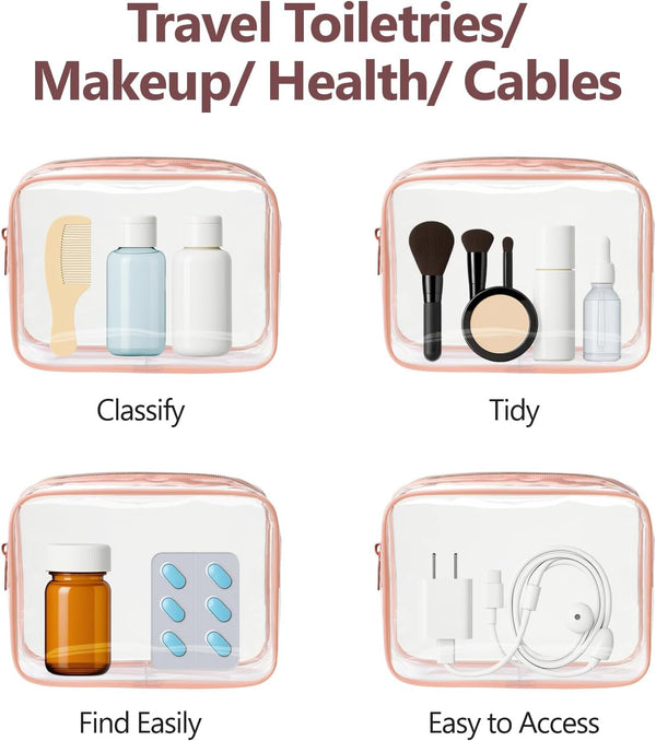 PACKISM TSA Approved Toiletry Bag - Clear Makeup Bag for Travel, Rose Pink Active Rose Pink Medium Set
