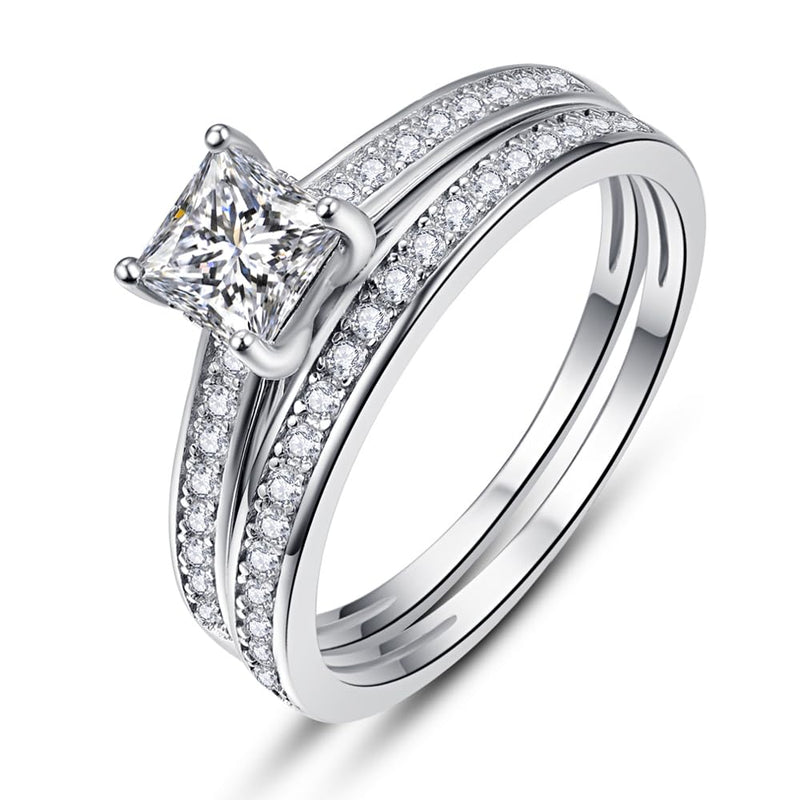 AVECON 1.35ct Princess Cut Engagement Ring 925 Sterling Silver Wedding Band Set for Women Cubic Zirconia Bridal Sets Size 5-10 Silver 8