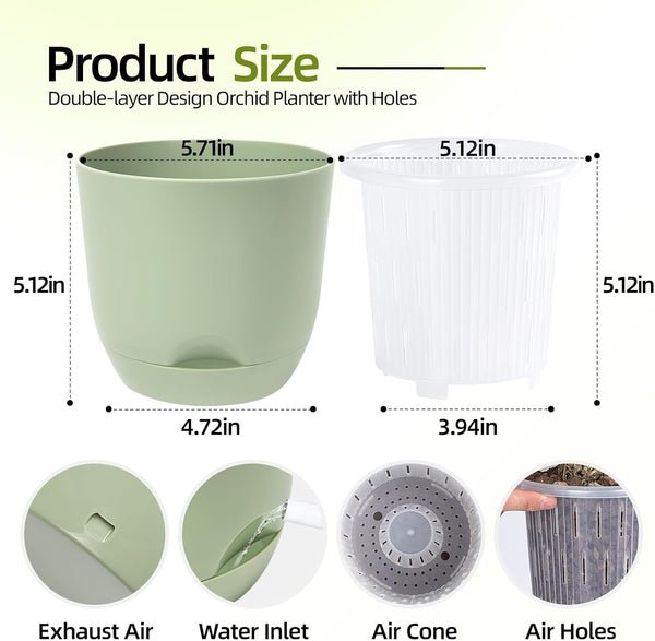 QCQHDU 2 Pack 5.7 Inch Orchid Pots with Holes for Repotting, Double-Layer and Self Watering Orchid Pot with Good Air Circulation Green 2packs 5.7IN